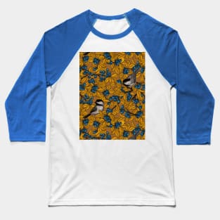 Chickadee birds on blueberry branches in yellow and mustard Baseball T-Shirt